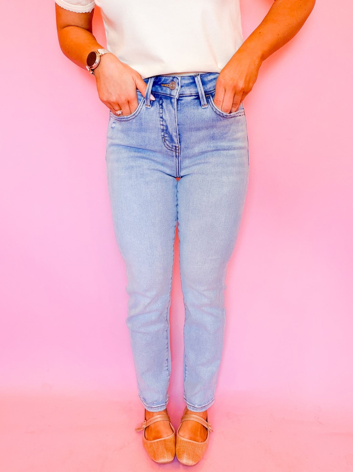 TUMMY CONTROL HIGH RISE CROP SLIM STRAIGHT DENIM
