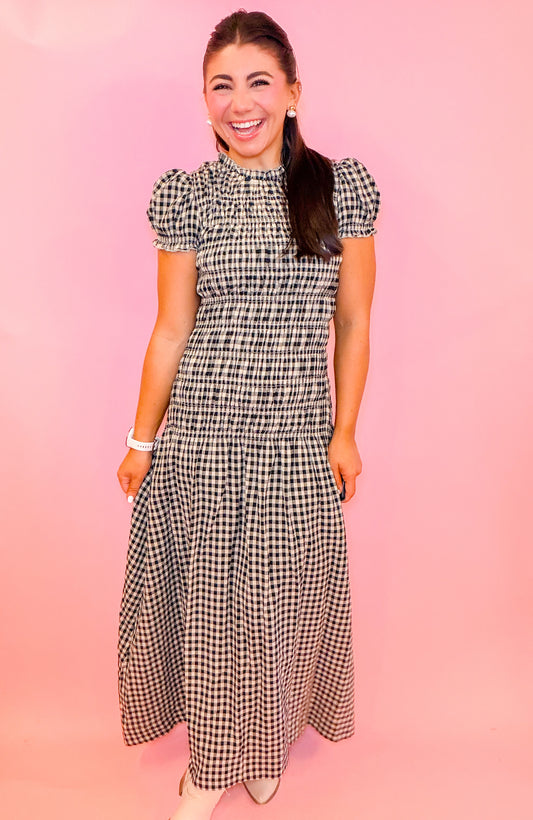 SMOCKED DROP WAIST GINGHAM MIDI DRESS
