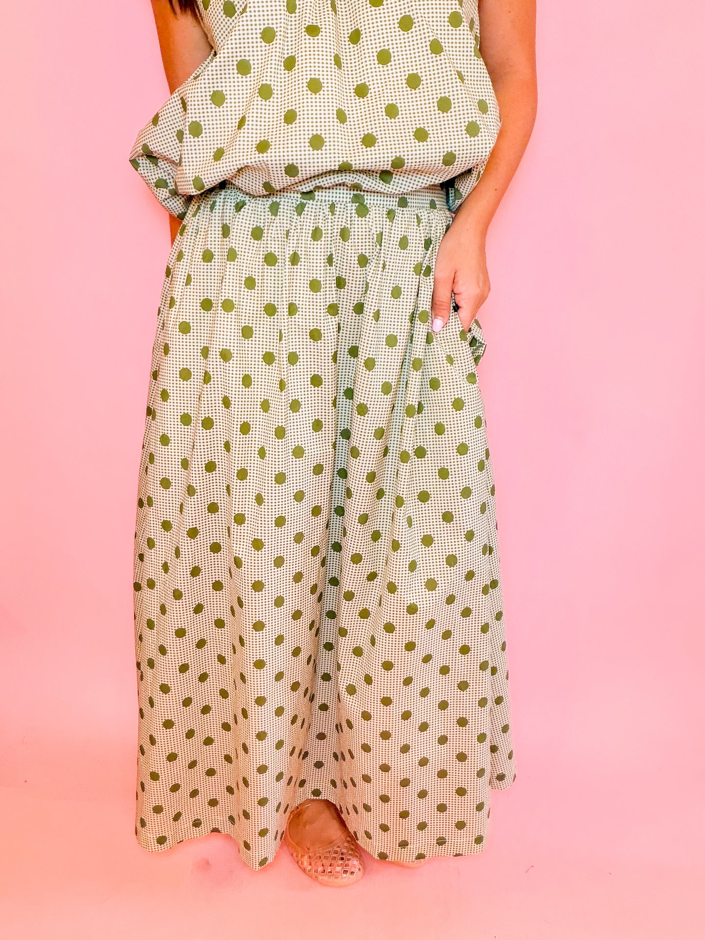 POLKA DOT MIDI SKIRT - OLIVE