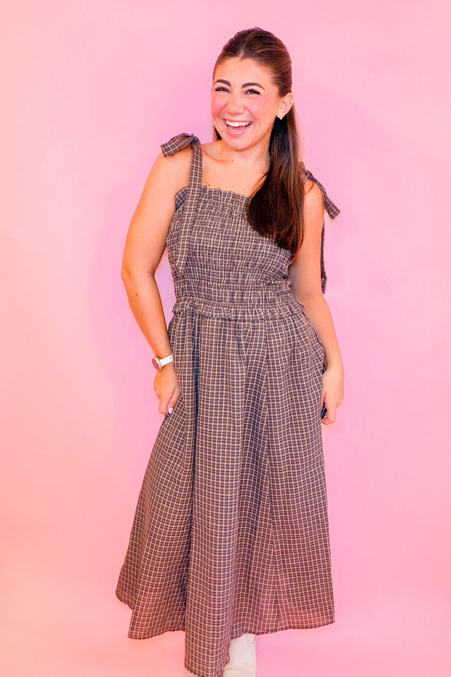 PLAID SMOCKED MIDI DRESS WITH SHOULDER TIE