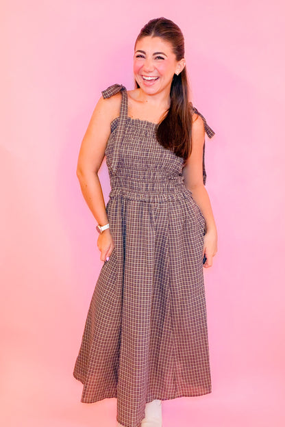 PLAID SMOCKED MIDI DRESS WITH SHOULDER TIE