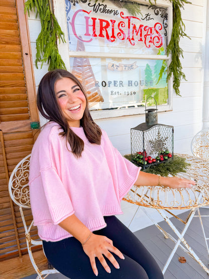 MOCK NECK SHORT SLEEVE SWEATER - PINK