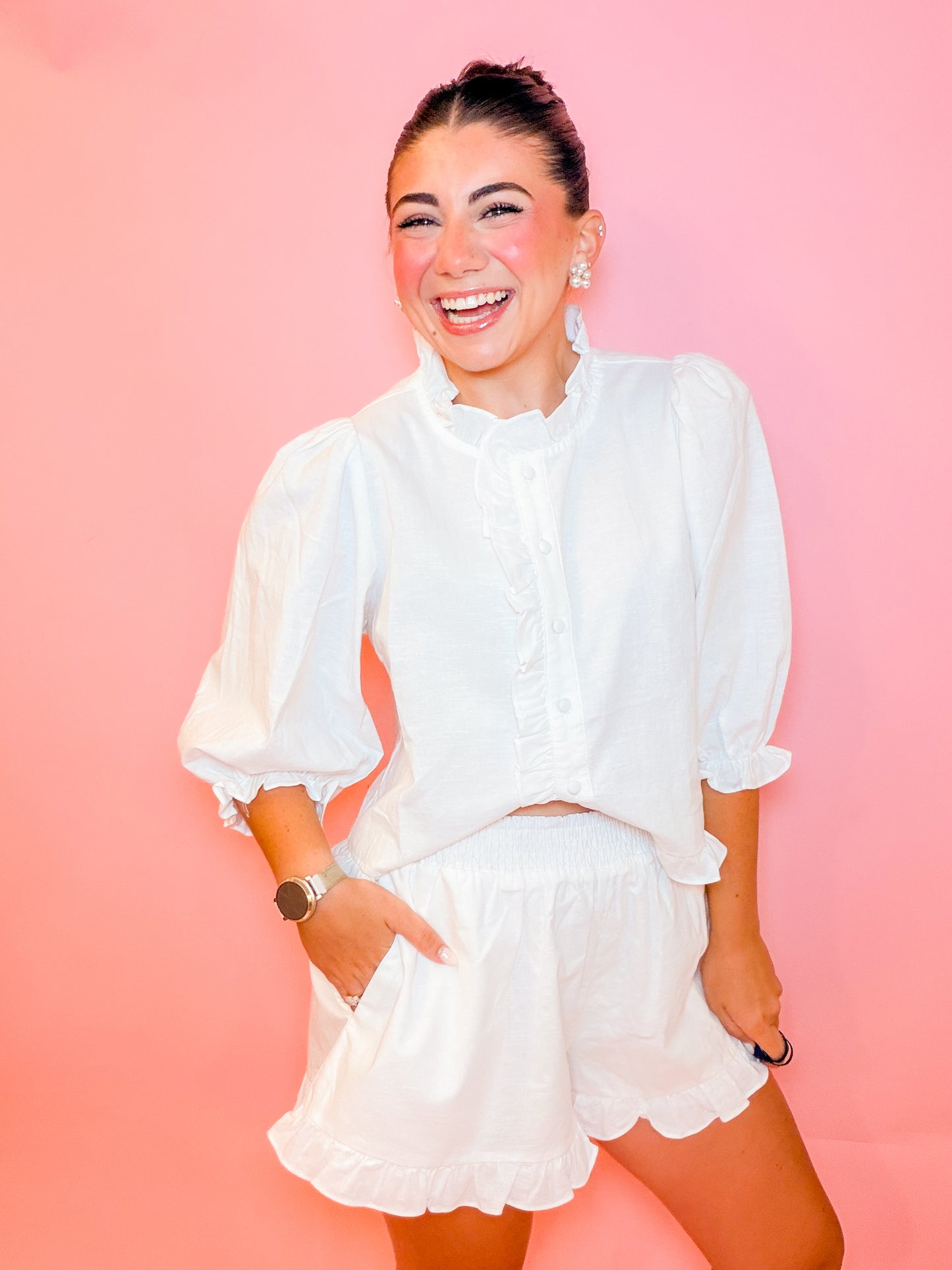 RUFFLE LINEN SHIRT + SHORTS SET