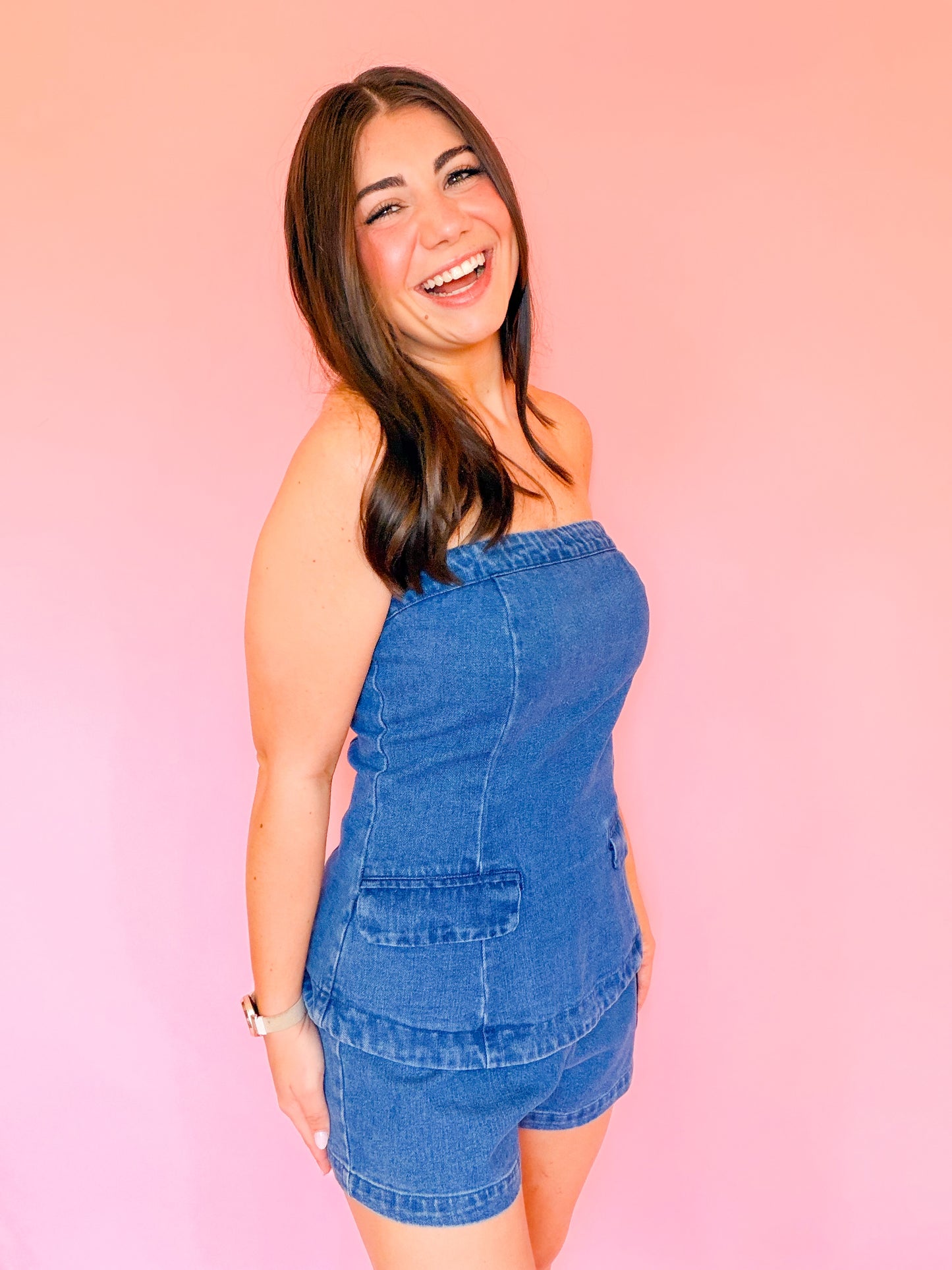 STRAPLESS 2FER DENIM ROMPER