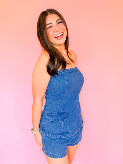 STRAPLESS 2FER DENIM ROMPER
