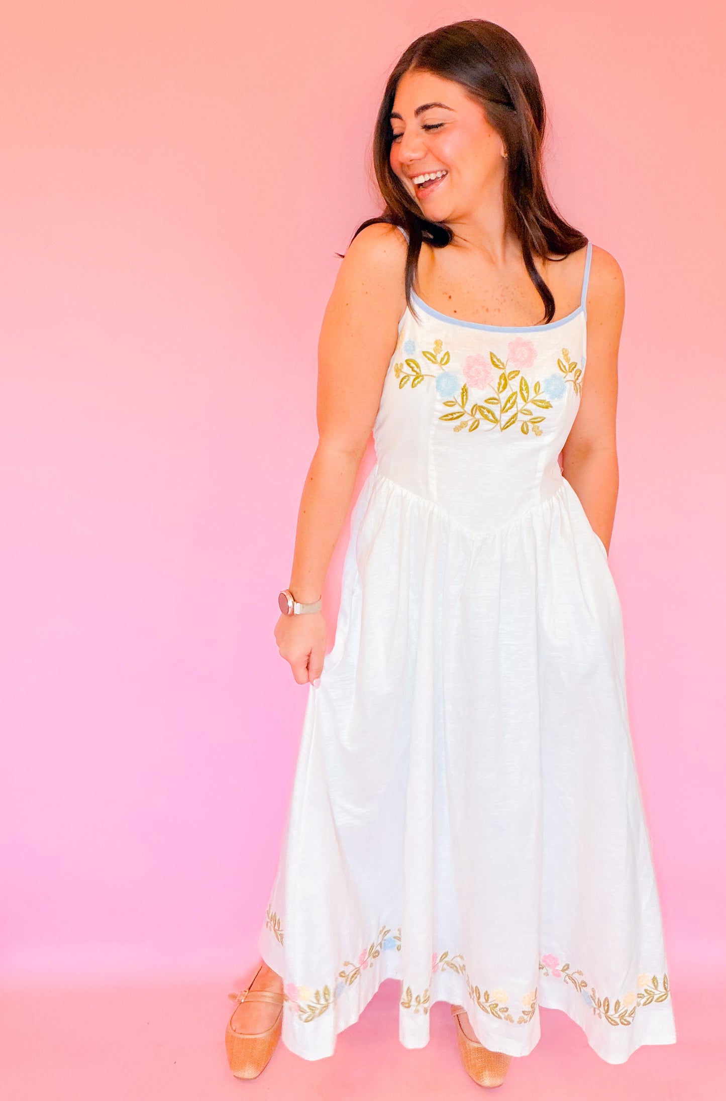 LINEN MIX EMBROIDERED MIDI DRESS