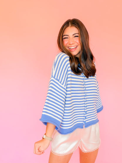 STRIPE BUTTON UP HALF SLEEVE CARDIGAN - BLUE