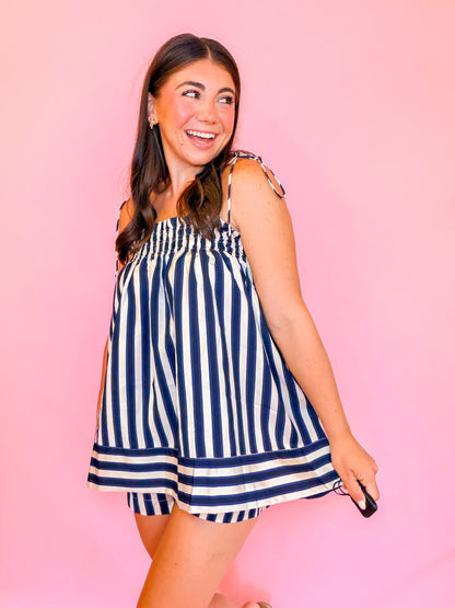 STRIPED SPAGHETTI TOP + HIGH WAISTED SHORTS SET
