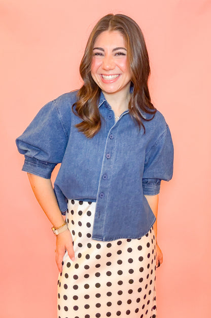 PUFF SLV BUTTON DOWN DENIM TOP