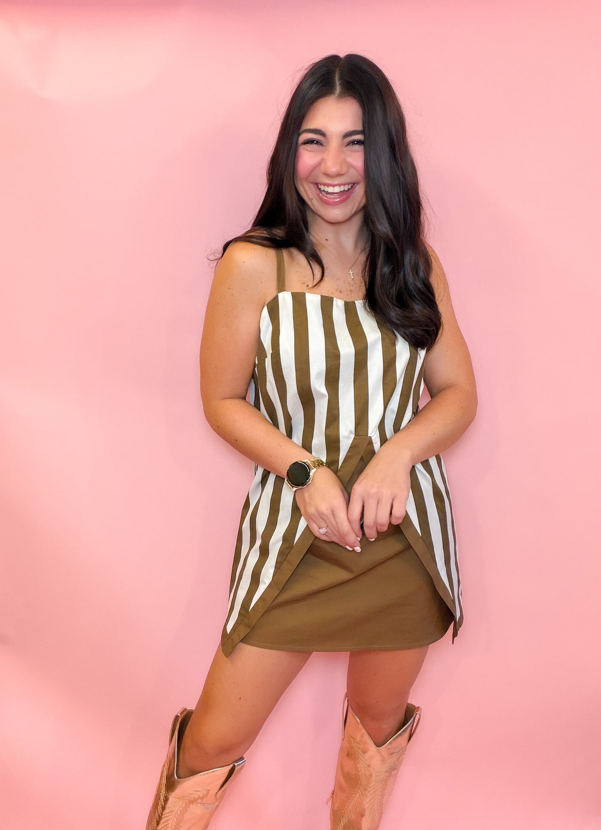 STRIPED CAMI TOP WITH SPLIT + A-LINE MINI SKORT - BROWN