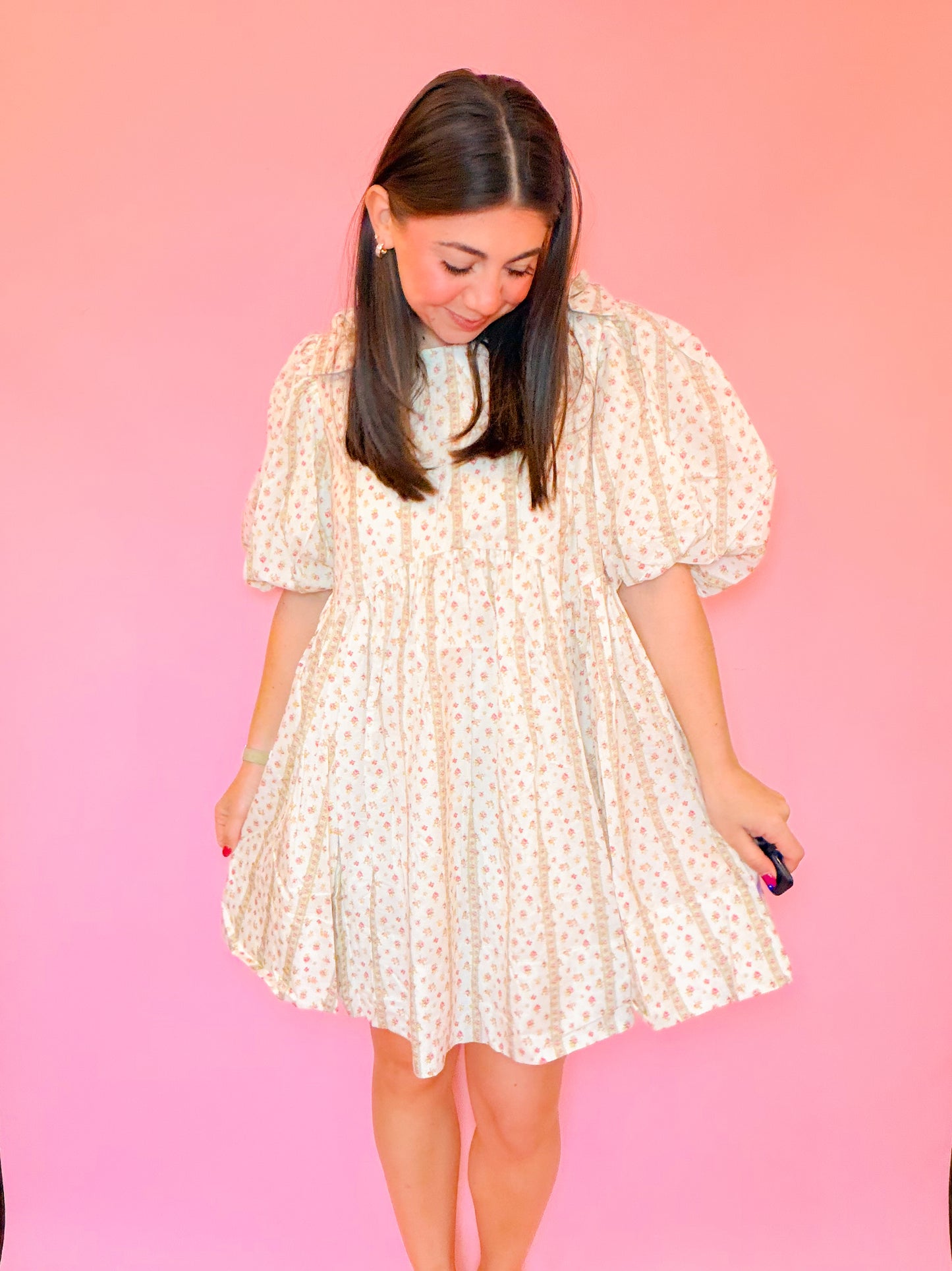 BOW DETAILED FLORAL PRINTED MINI DRESS