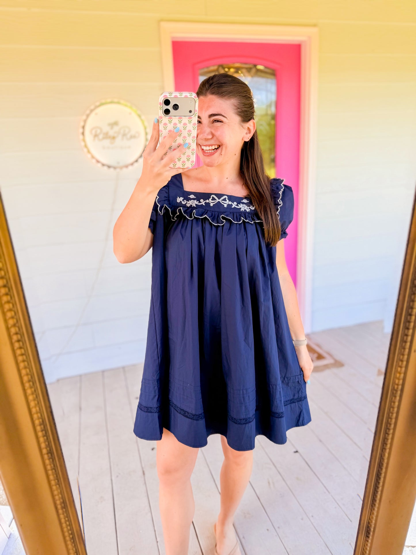 EMBROIDERED PUFF SLV MINI DRESS