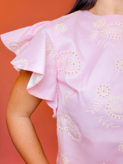EYELET EMBROIDERD FLUTTER SLV TOP & SHORT SET