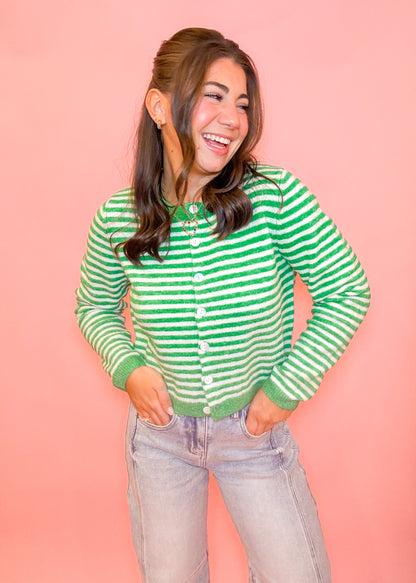 STRIPED SWEATER CARDIGAN - KELLY GREEN