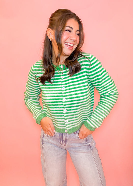 STRIPED SWEATER CARDIGAN - KELLY GREEN