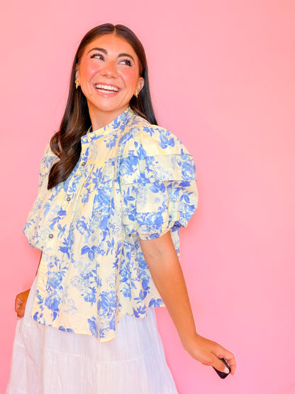 PUFF SLV BUTTON DOWN TOP - BUTTER/BLUE