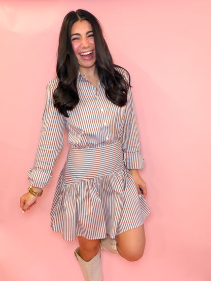 STRIPED DROP WAIST POPLIN DRESS