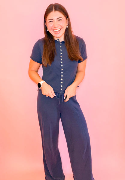 SCALLOP EDGE KNIT TOP + PANTS SET - NAVY