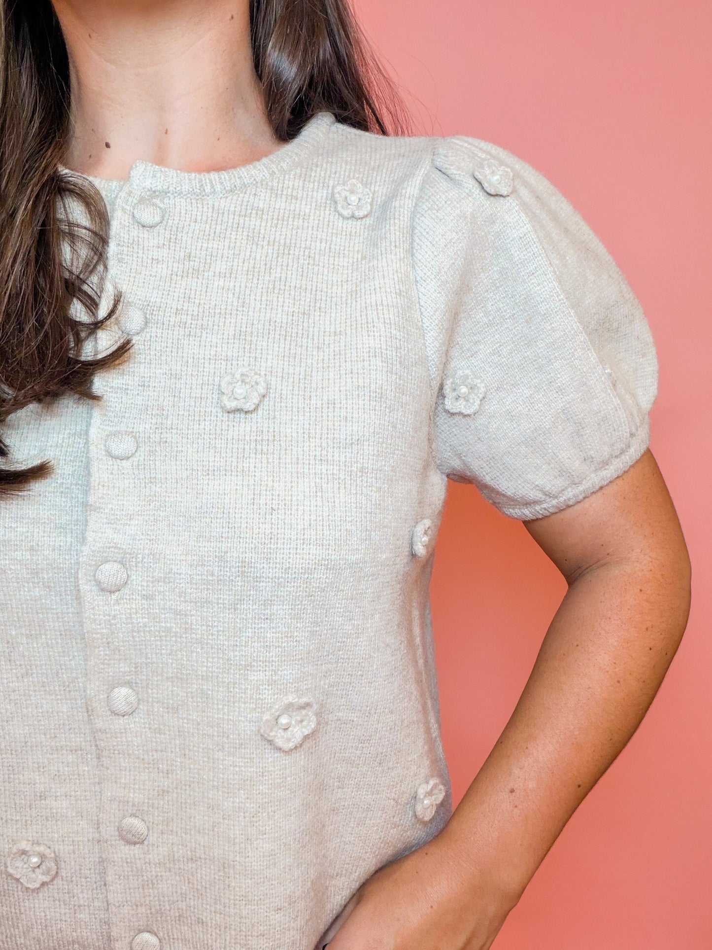 3D FLORAL PUFF SLEEVE KNIT TOP - TAUPE