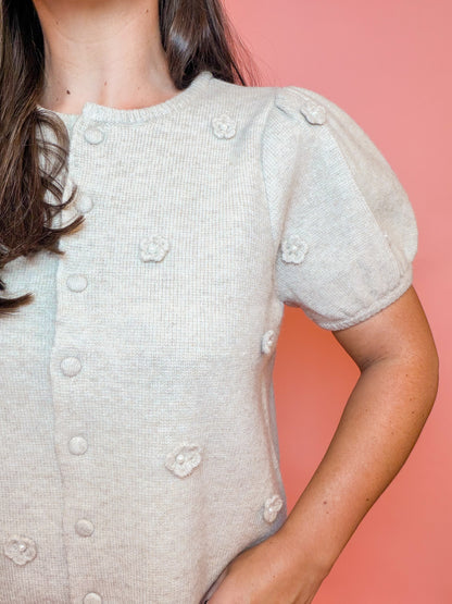 3D FLORAL PUFF SLEEVE KNIT TOP - TAUPE