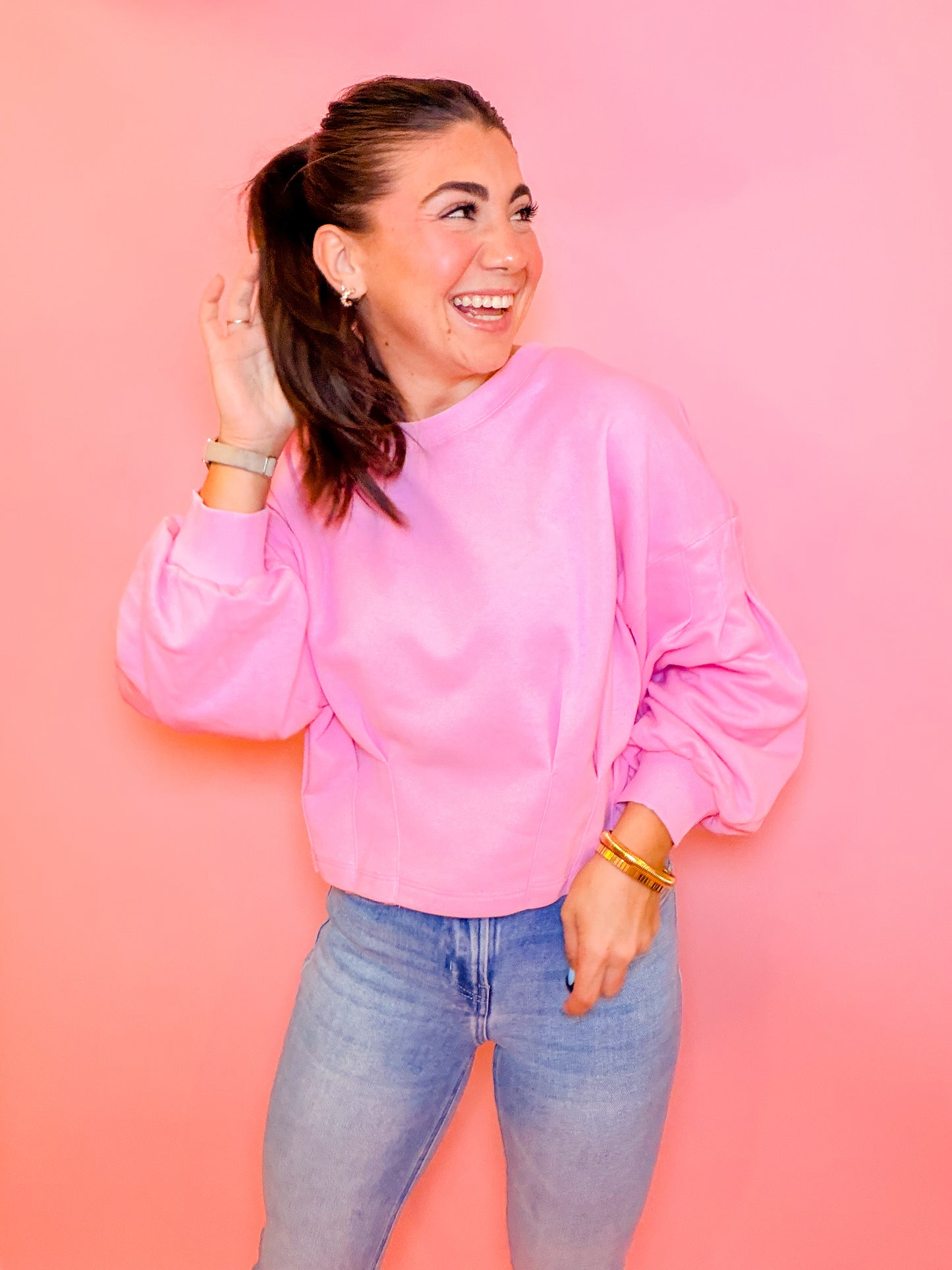 PUFF SLEEVE PLEATED TOP - BUBBLE GUM
