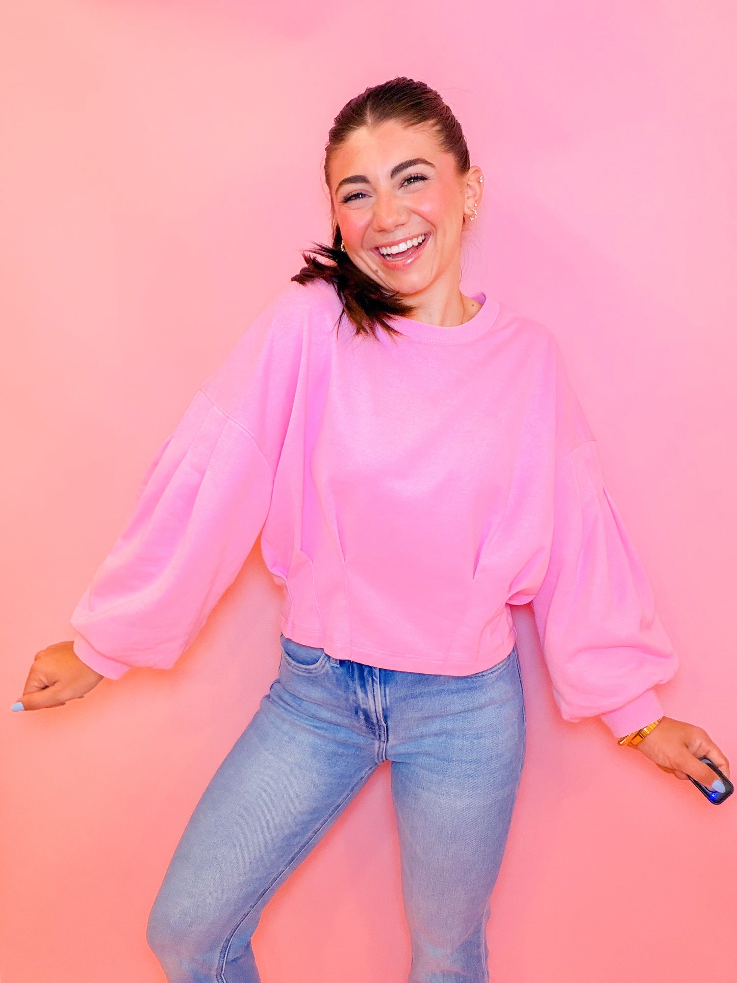 PUFF SLEEVE PLEATED TOP - BUBBLE GUM