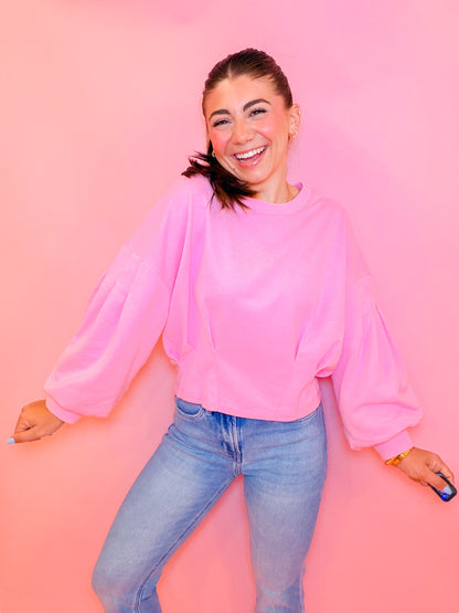 PUFF SLEEVE PLEATED TOP - BUBBLE GUM