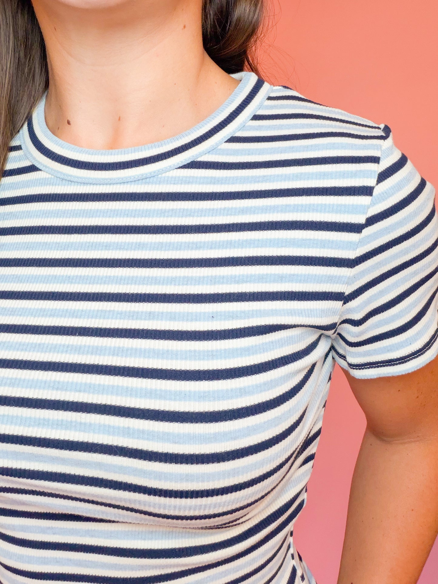 STRIPED RIBBED LOUNGE TOP + SHORTS SET - NAVY/BLUE
