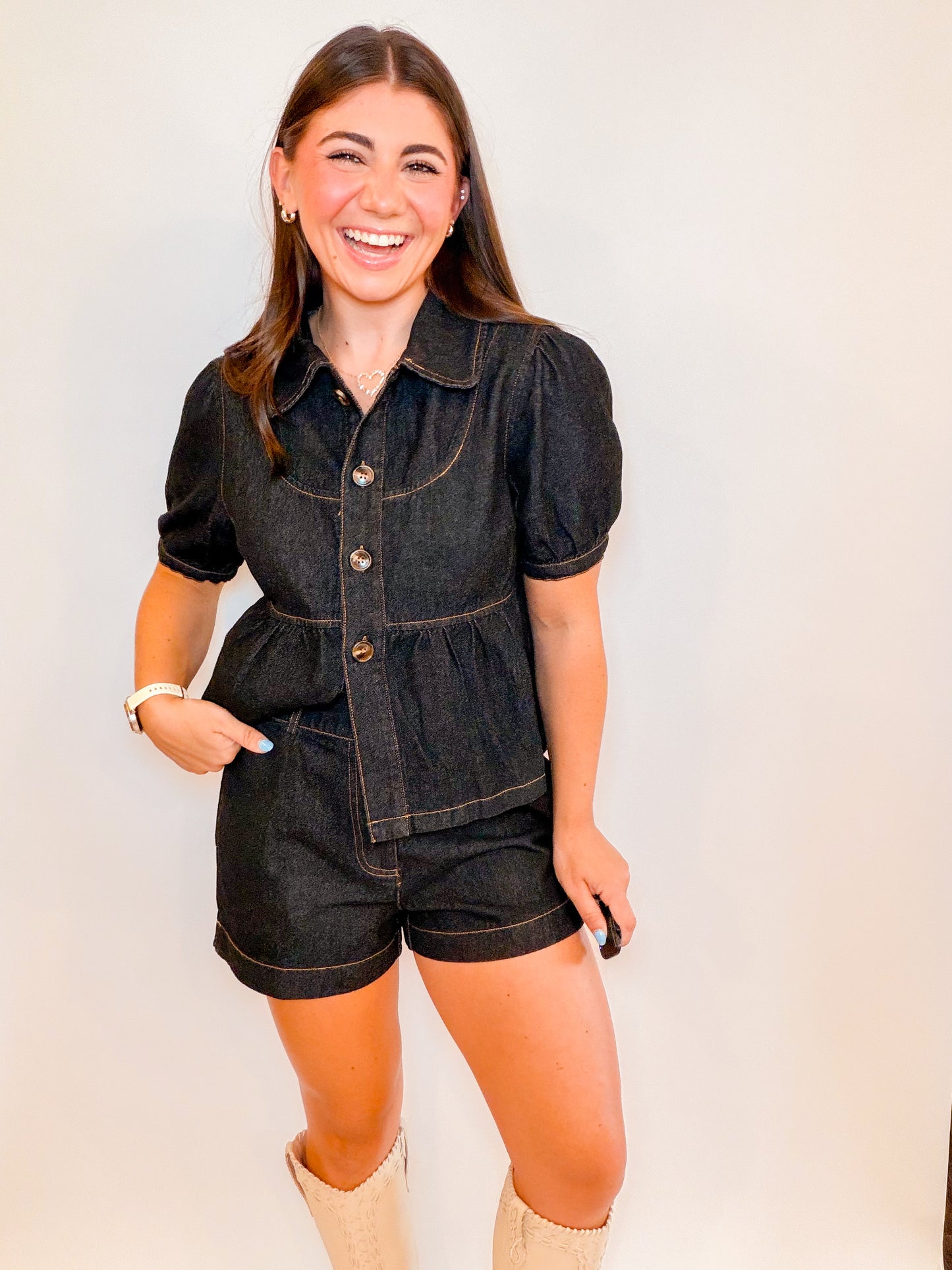 PETER PAN PUFF SLV TOP + DENIM SHORTS SET