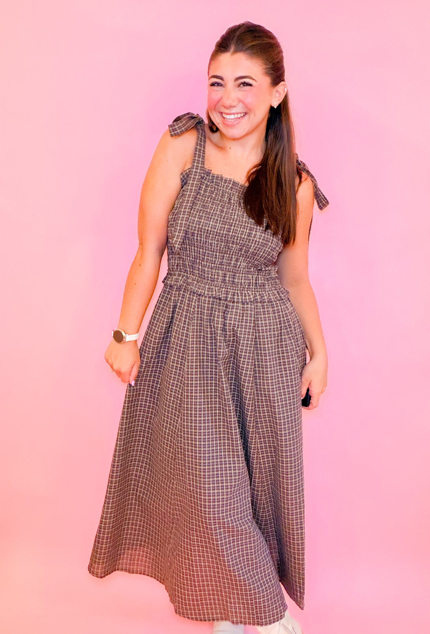 PLAID SMOCKED MIDI DRESS WITH SHOULDER TIE