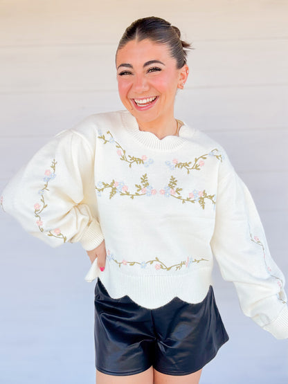 EMBROIDERED SCALLOP DETAIL KNIT TOP