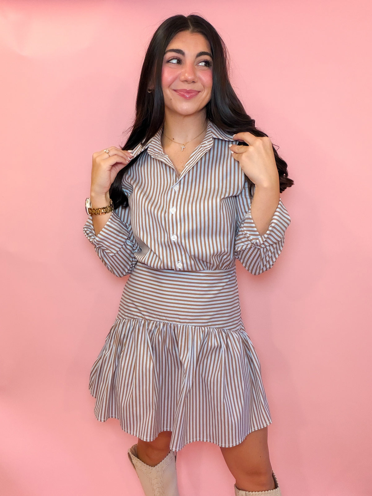 STRIPED DROP WAIST POPLIN DRESS