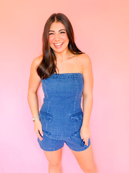 STRAPLESS 2FER DENIM ROMPER