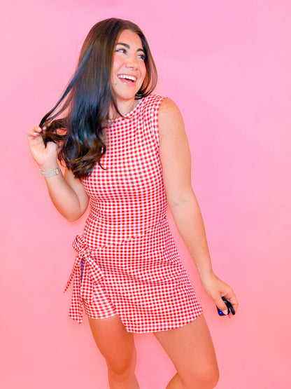 SLEEVELESS WRAP TIE ATHLETIC DRESS - RED GINGHAM