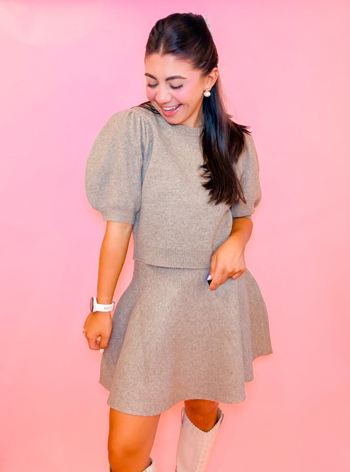 PUFF SLEEVE KNIT TOP + MINI SKIRT SET
