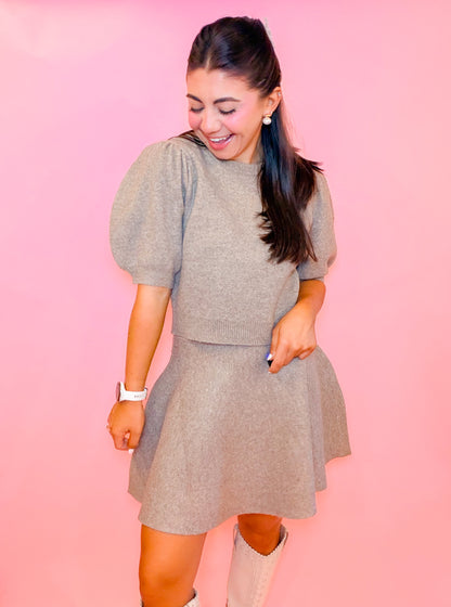 PUFF SLEEVE KNIT TOP + MINI SKIRT SET