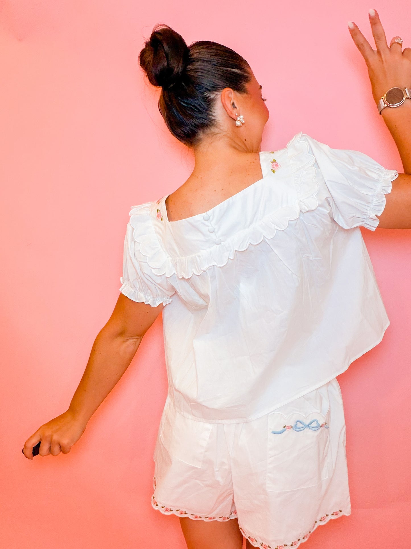 EMBROIDERED SQUARE NECK TOP & SHORT SET - WHITE