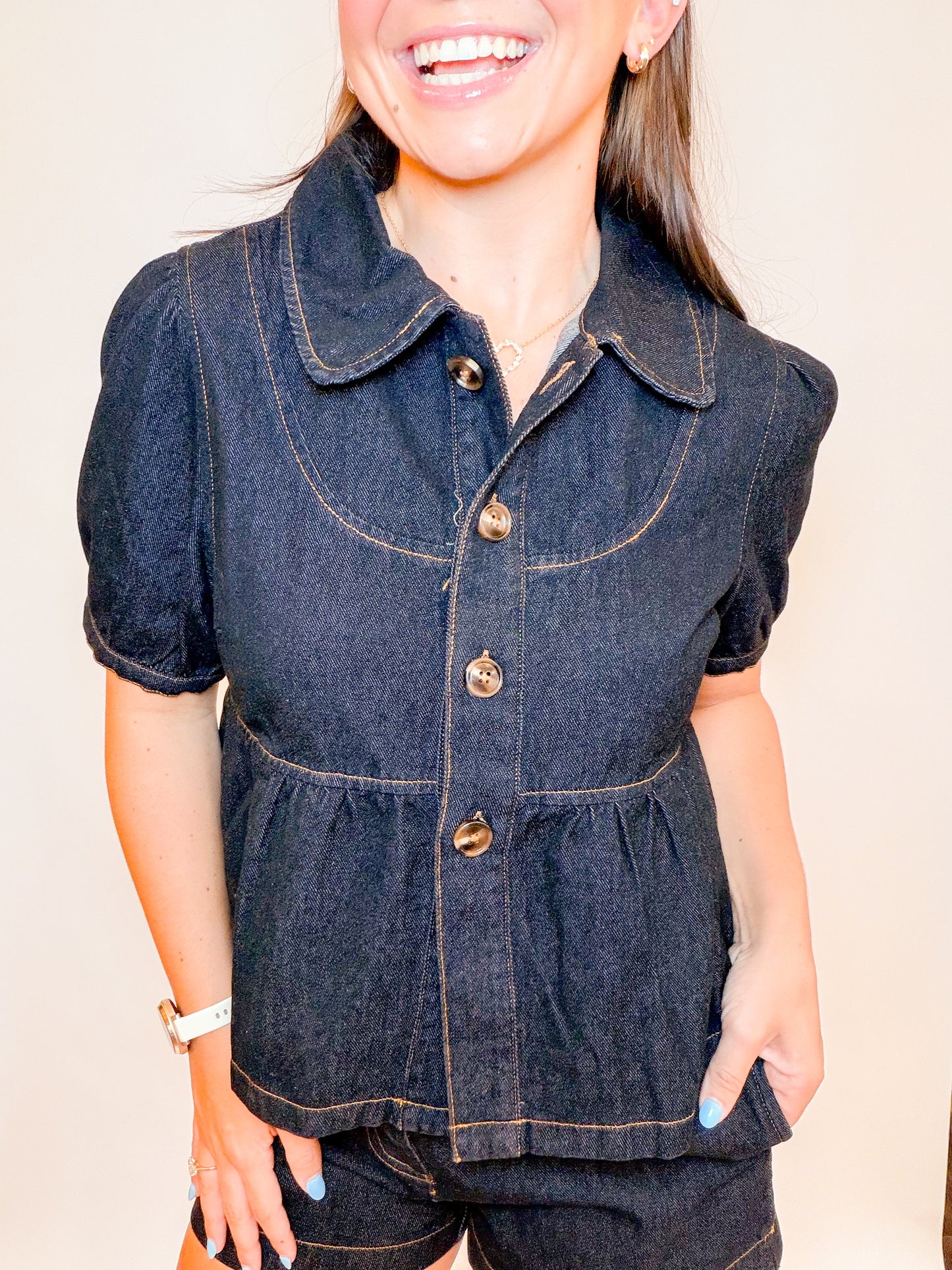PETER PAN PUFF SLV TOP + DENIM SHORTS SET