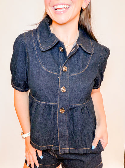 PETER PAN PUFF SLV TOP + DENIM SHORTS SET
