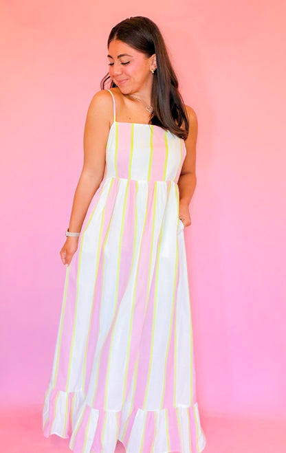 STRIPED RUFFLE BOTTOM MAXI DRESS