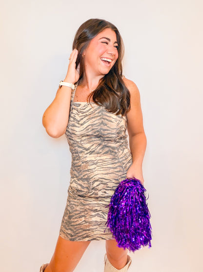 TIGER PRINT DENIM MINI DRESS WITH FLAPS