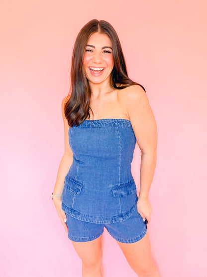 STRAPLESS 2FER DENIM ROMPER