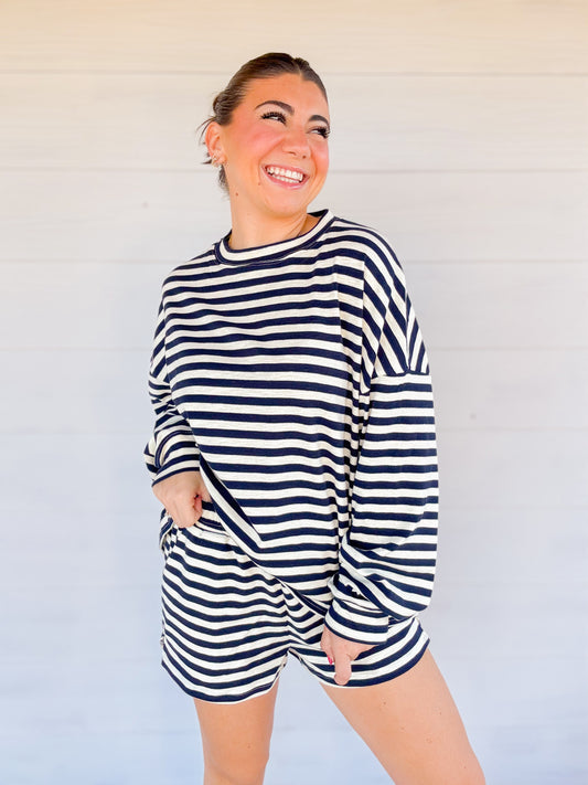STRIPED RELAXED FIT SWEATSHIRT & SHORTS SET - NAVY