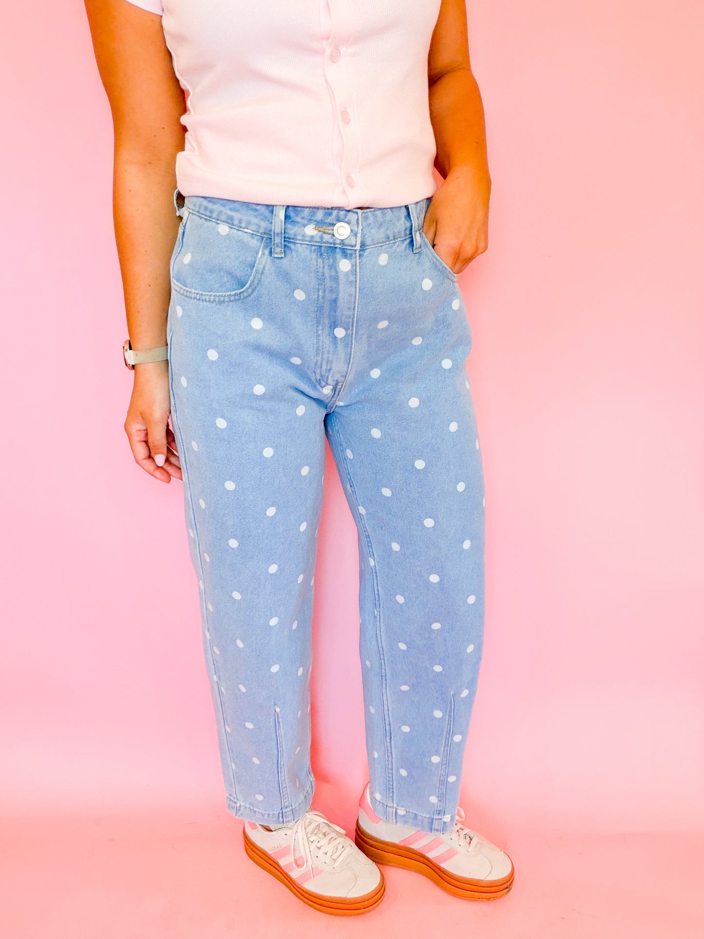 POLKA DOT PRINTED DENIM ANKLE JEANS