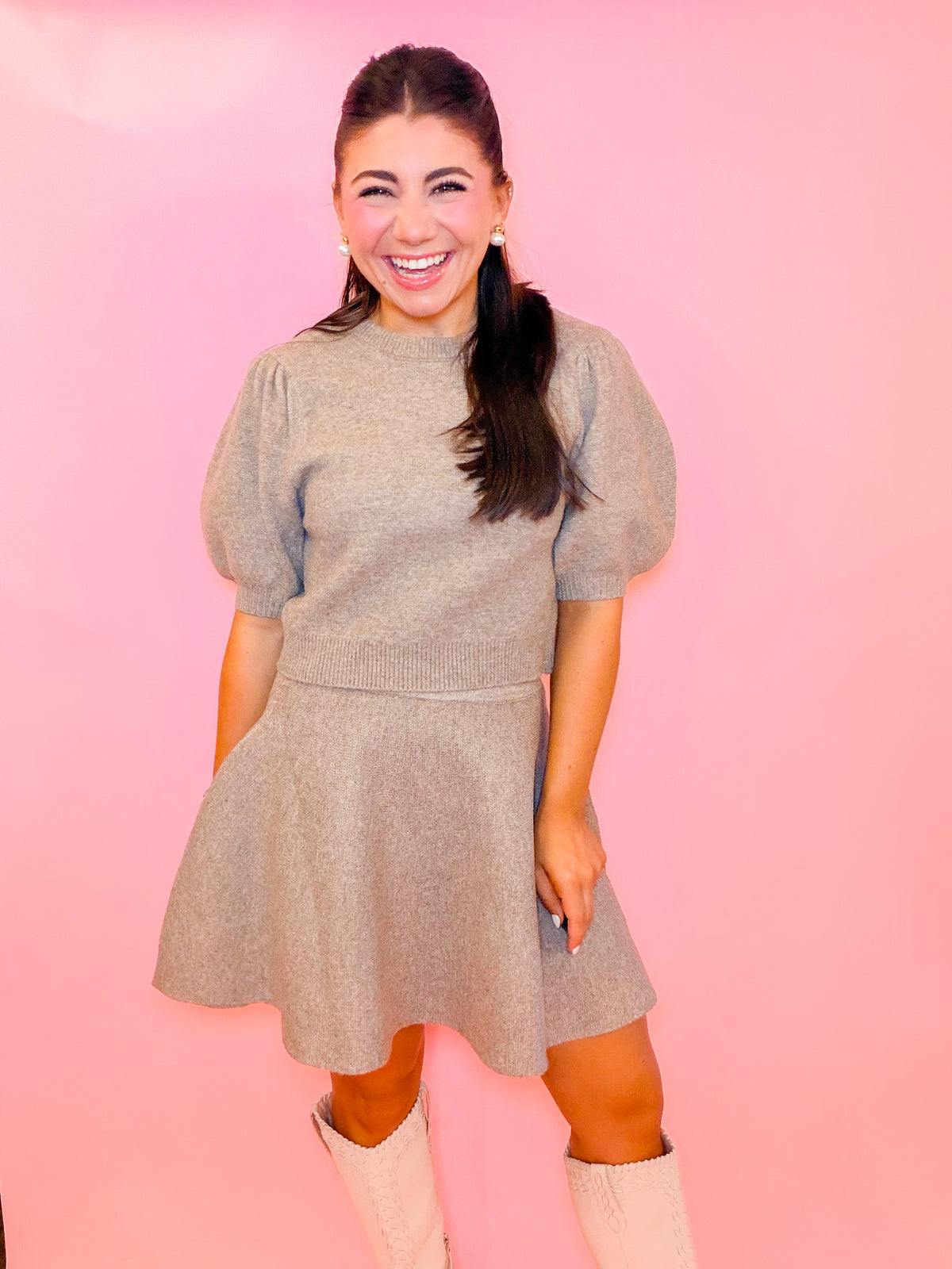 PUFF SLEEVE KNIT TOP + MINI SKIRT SET