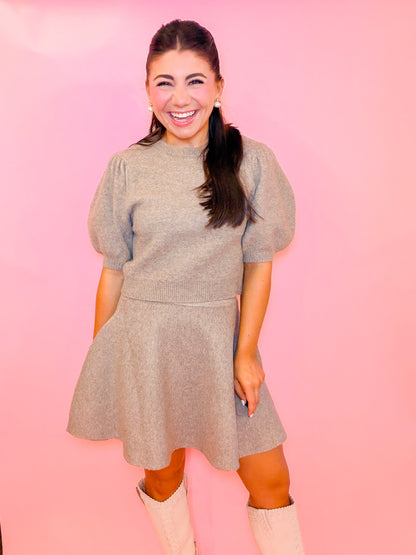 PUFF SLEEVE KNIT TOP + MINI SKIRT SET