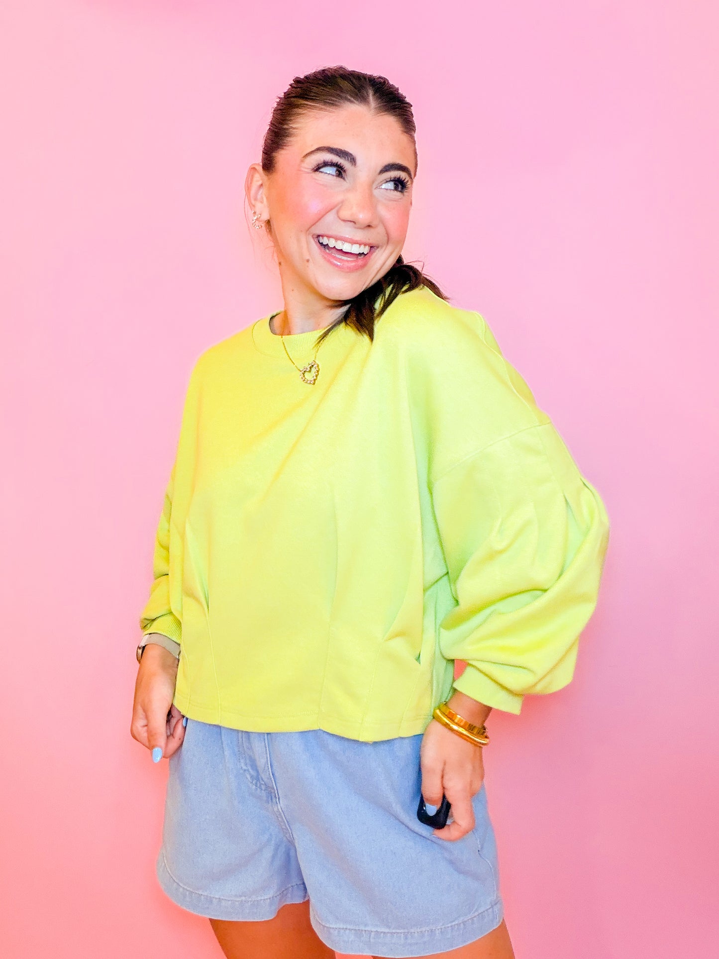 PUFF SLEEVE PLEATED TOP - CHARTREUSE