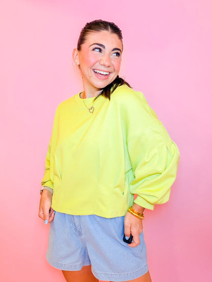 PUFF SLEEVE PLEATED TOP - CHARTREUSE