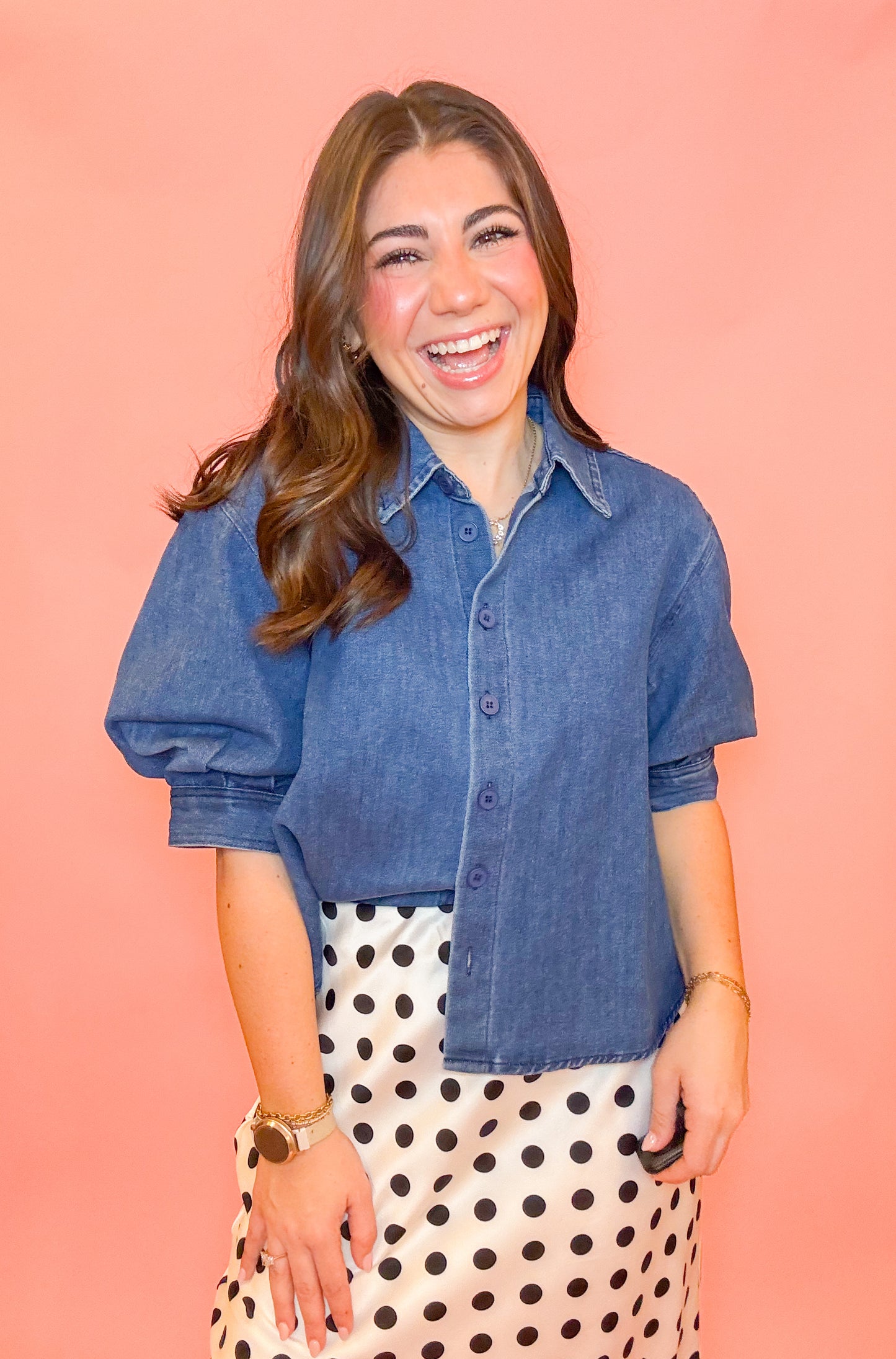 PUFF SLV BUTTON DOWN DENIM TOP