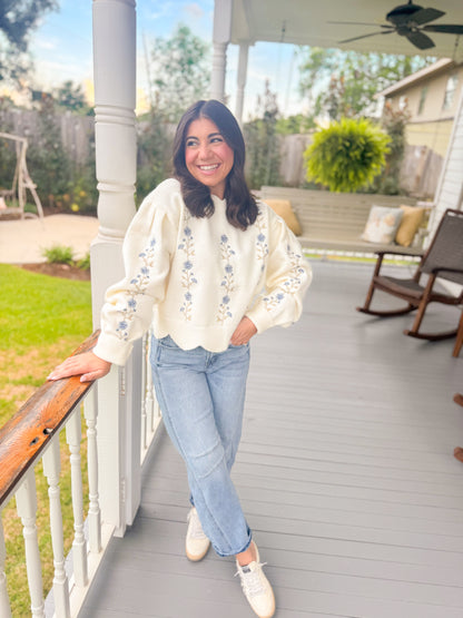 EMBROIDERED FLORAL SCALLOP SWEATER